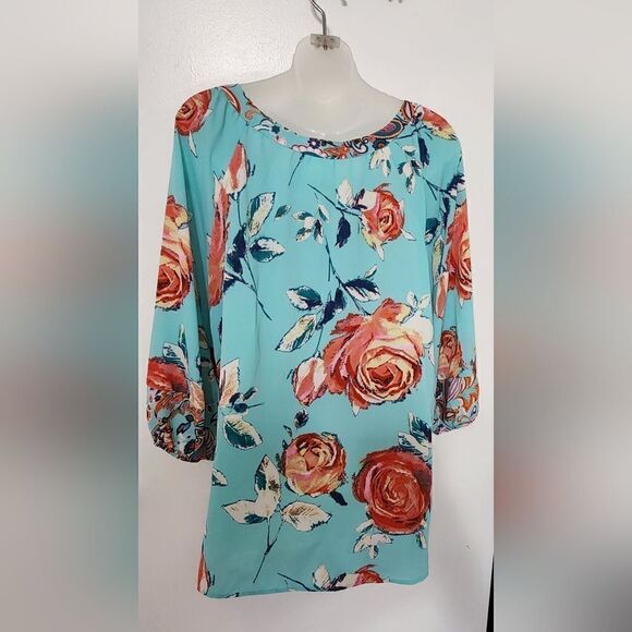 Fig and flower anthropogie turquoise floral print blouse. Size 3X - Picture 2 of 6